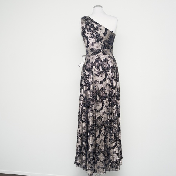 Betsy & Adam - Gwen Long One Shoulder Wrap Foil Flower Dress - Picture 3 of 12